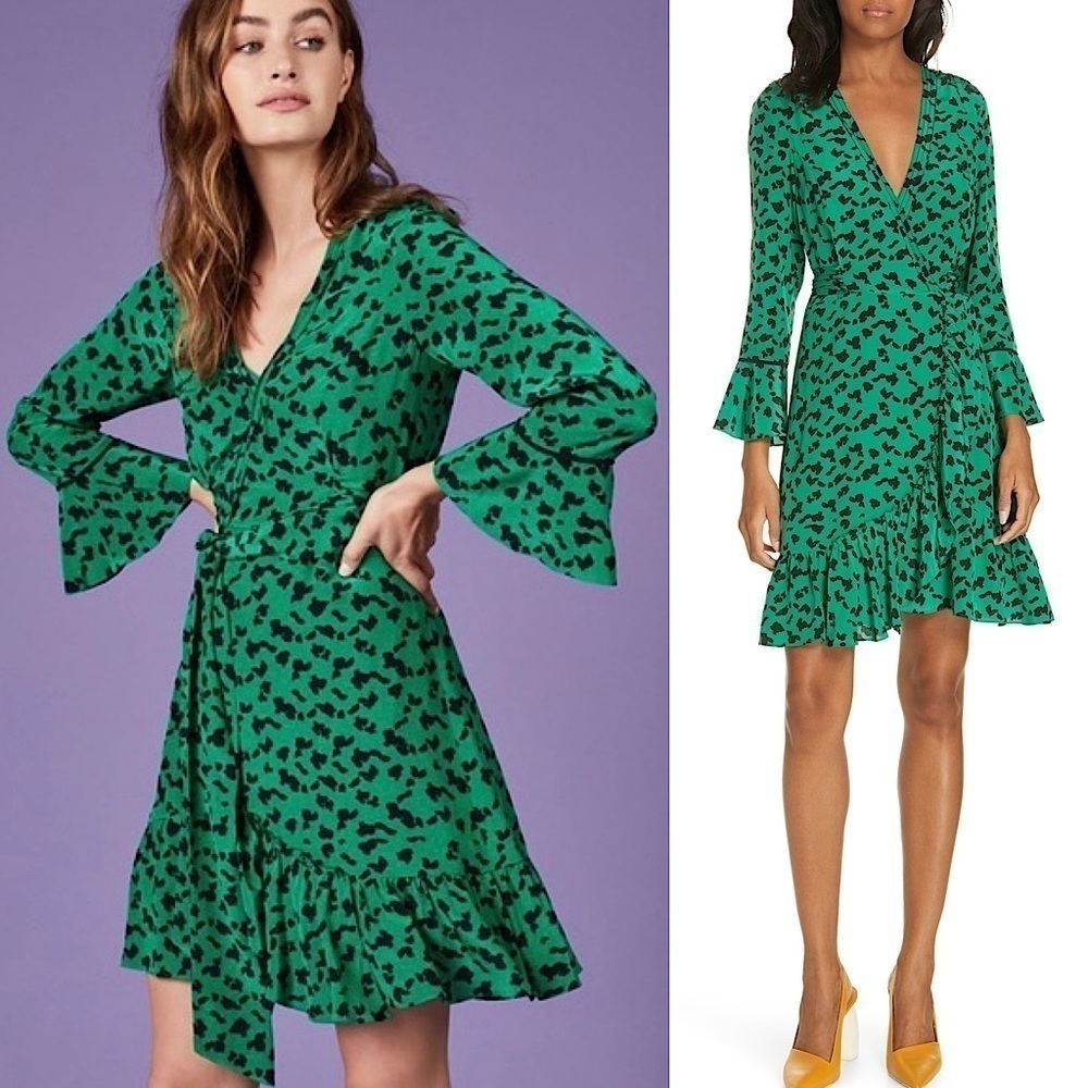 TANYA TAYLOR Wrap Dress Green Silk Leopard Print Ruffle Trim 3/4 Long Sleeves 4